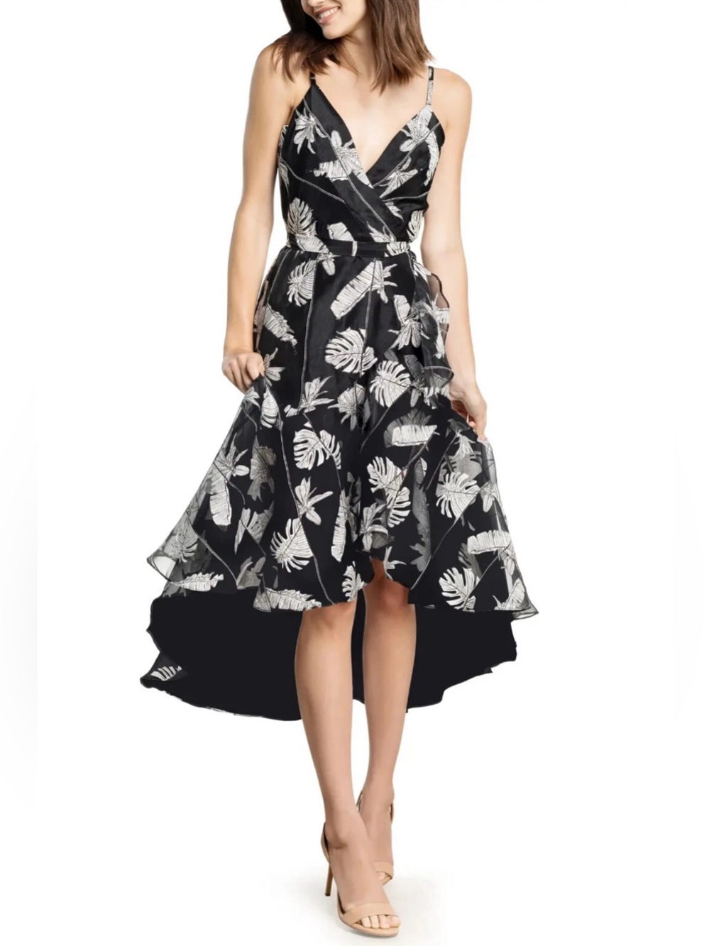 NWT Dress the Population Black & White Tropical High-Low Wrap Dress Size Small